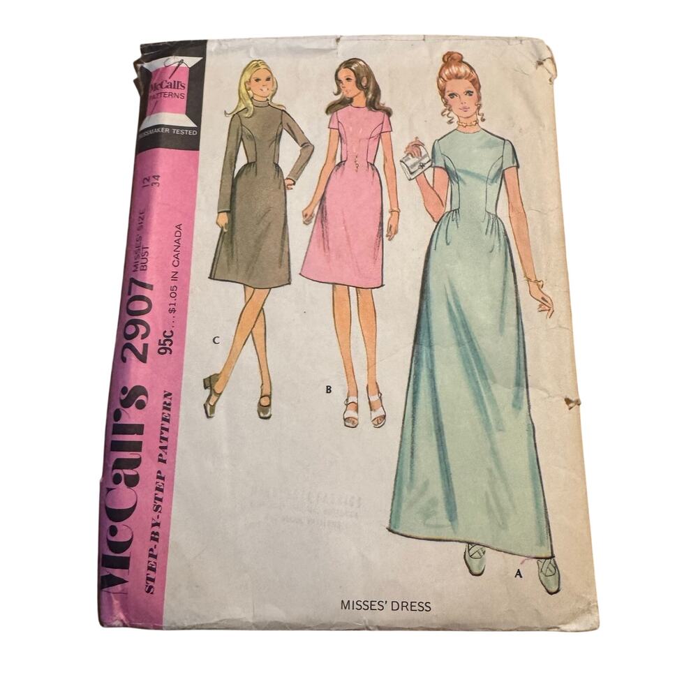 Vintage 1971 McCalls Sewing Pattern 2907 Size 12 Bust 34 Princess Seam Dress
